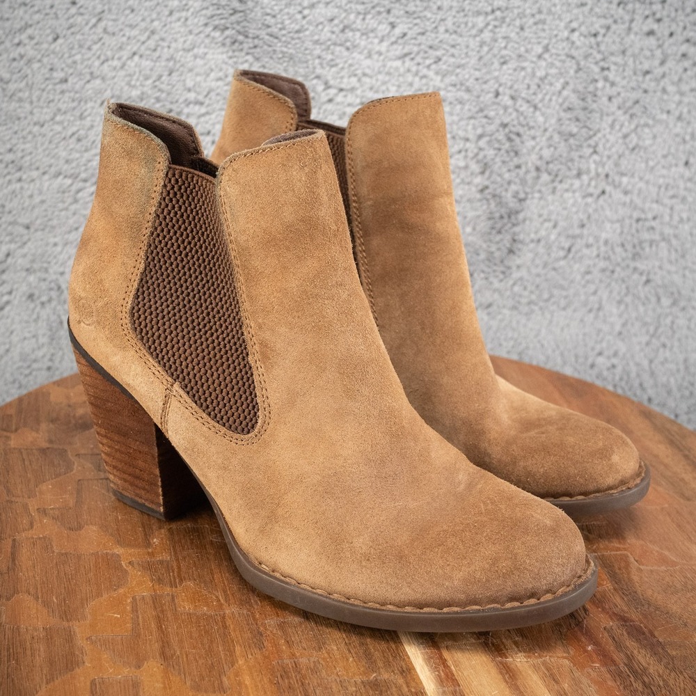 Born Boots Women's 7 M‎ Brown Chelsea Ankle Booties Stacked Block Heel Suede